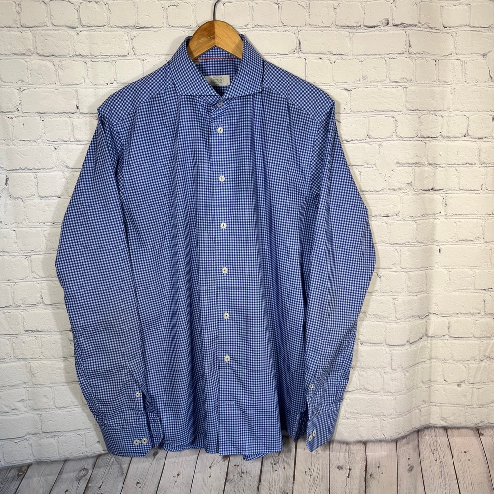 Eton Slim Fit Dress Shirt Blue Purple Gingham Check Cotton Mens 16 41